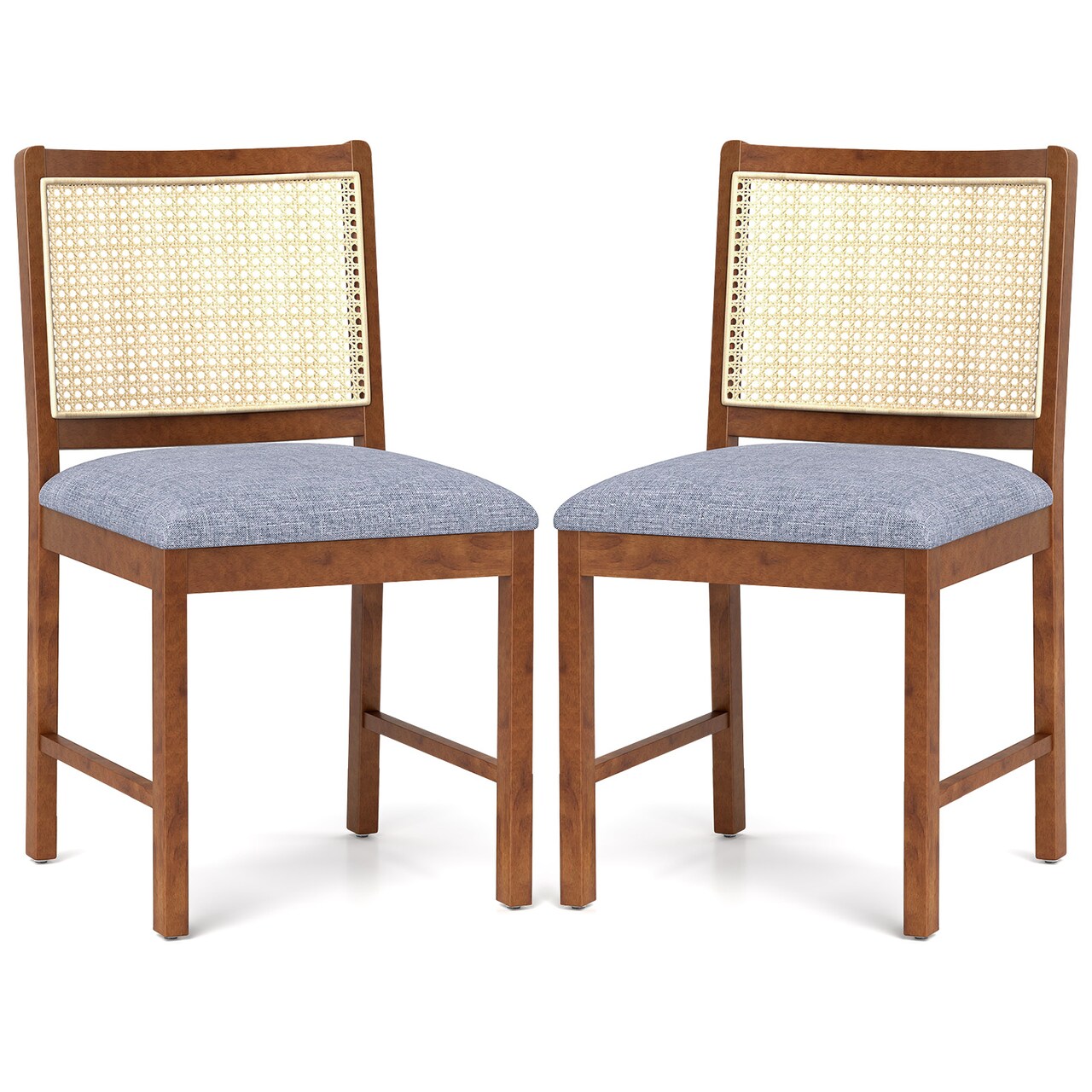 Rattan Dining Chair Set of 2 with Rubber Wood Frame and Linen Fabric Padded Seat-Walnut
